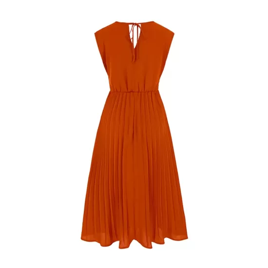 Pleated Solid Color Tied Waist Sleeveless V-Neck Midi Dresses