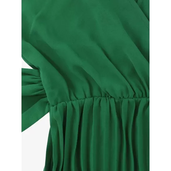 Pleated Solid Color Tied Waist Sleeveless V-Neck Midi Dresses