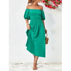 Solid Color Loose Short Sleeves Off-The-Shoulder Midi Dresses