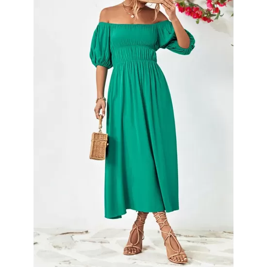 Solid Color Loose Short Sleeves Off-The-Shoulder Midi Dresses