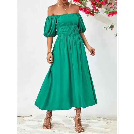 Solid Color Loose Short Sleeves Off-The-Shoulder Midi Dresses