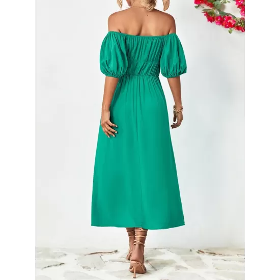 Solid Color Loose Short Sleeves Off-The-Shoulder Midi Dresses