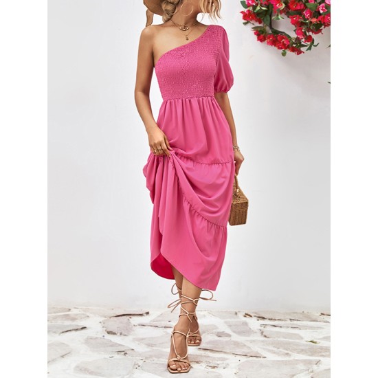 Solid Color Loose Puff Sleeves One-Shoulder Midi Dresses