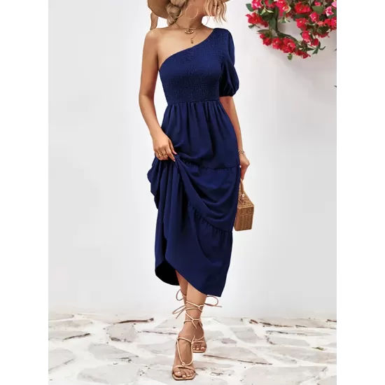 Solid Color Loose Puff Sleeves One-Shoulder Midi Dresses