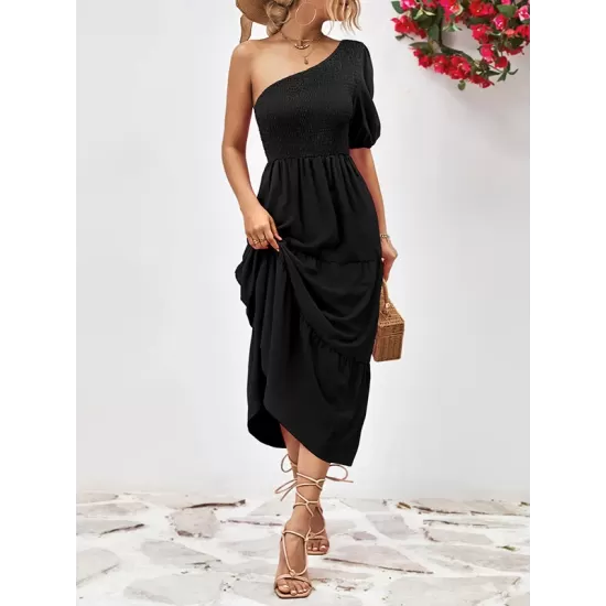 Solid Color Loose Puff Sleeves One-Shoulder Midi Dresses