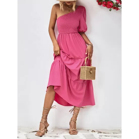 Solid Color Loose Puff Sleeves One-Shoulder Midi Dresses