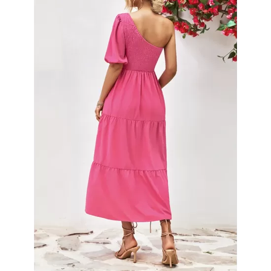 Solid Color Loose Puff Sleeves One-Shoulder Midi Dresses