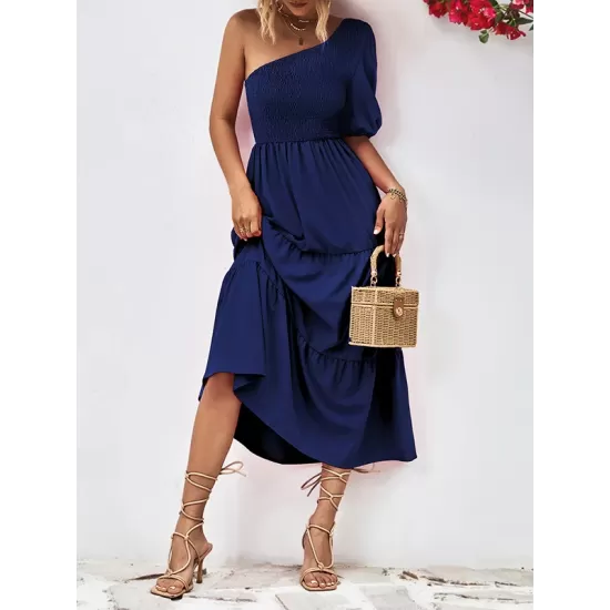 Solid Color Loose Puff Sleeves One-Shoulder Midi Dresses