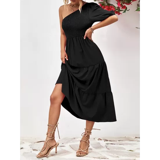 Solid Color Loose Puff Sleeves One-Shoulder Midi Dresses