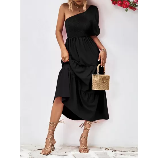 Solid Color Loose Puff Sleeves One-Shoulder Midi Dresses