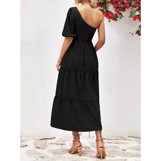 Solid Color Loose Puff Sleeves One-Shoulder Midi Dresses