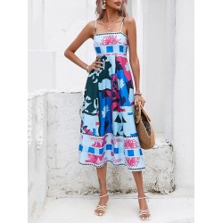 Pleated Printed Split-Joint High Waisted Sleeveless Collarless Slip Dress Midi Dresses