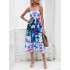 Pleated Printed Split-Joint High Waisted Sleeveless Collarless Slip Dress Midi Dresses