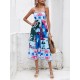 Pleated Printed Split-Joint High Waisted Sleeveless Collarless Slip Dress Midi Dresses