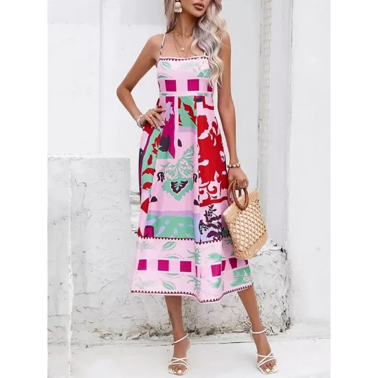 Pleated Printed Split-Joint High Waisted Sleeveless Collarless Slip Dress Midi Dresses