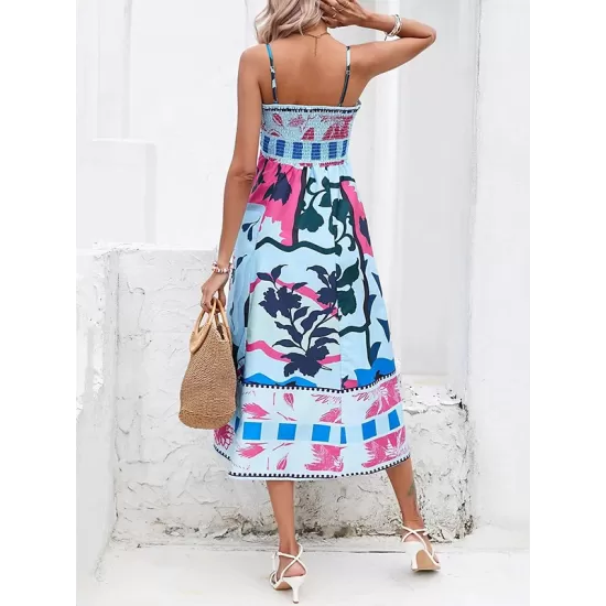 Pleated Printed Split-Joint High Waisted Sleeveless Collarless Slip Dress Midi Dresses