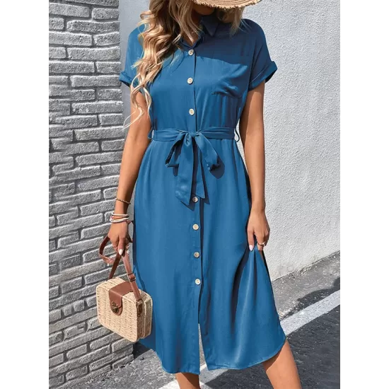 Ribbed Solid Color Loose Short Sleeves Lapel Midi Dresses