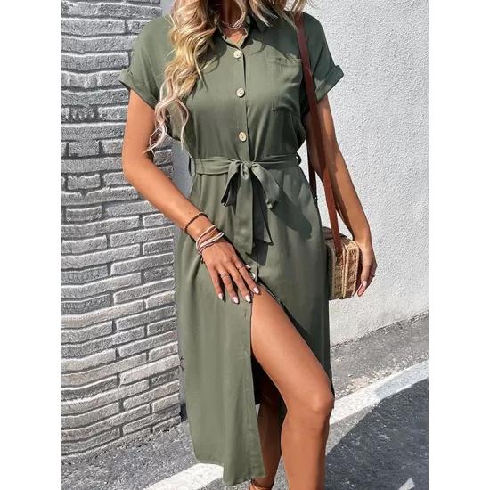 Ribbed Solid Color Loose Short Sleeves Lapel Midi Dresses