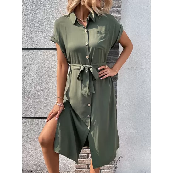 Ribbed Solid Color Loose Short Sleeves Lapel Midi Dresses