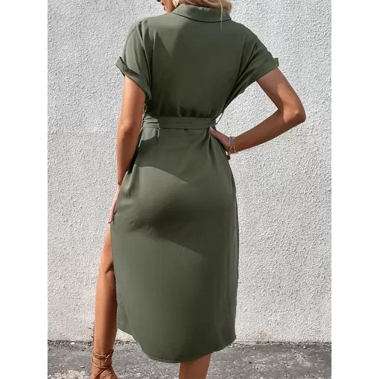 Ribbed Solid Color Loose Short Sleeves Lapel Midi Dresses