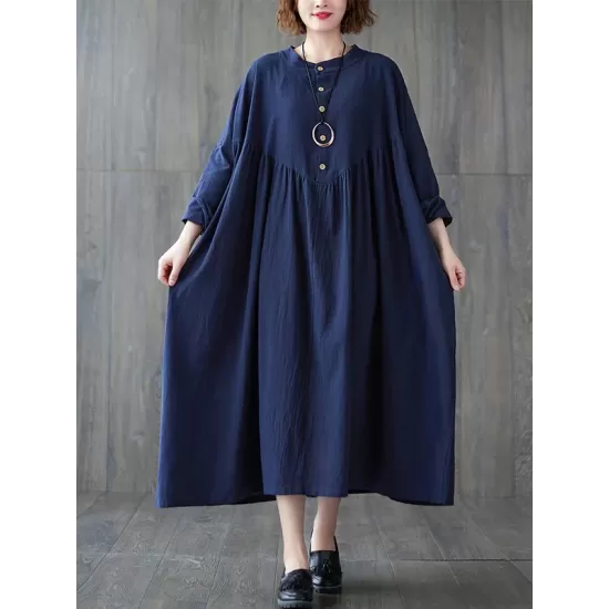 Pleated Solid Color Loose Puff Sleeves Stand Collar Midi Dresses