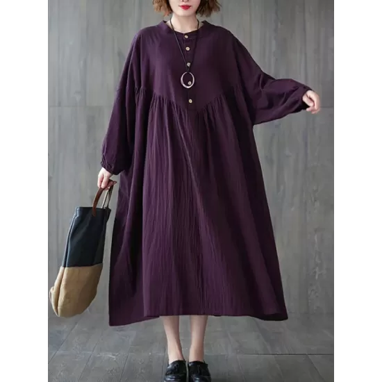 Pleated Solid Color Loose Puff Sleeves Stand Collar Midi Dresses