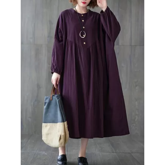 Pleated Solid Color Loose Puff Sleeves Stand Collar Midi Dresses