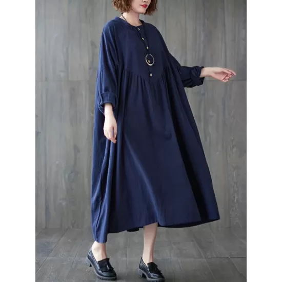 Pleated Solid Color Loose Puff Sleeves Stand Collar Midi Dresses