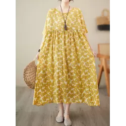 Floral Printed Pleated Split-Joint Loose Raglan Sleeve Round-Neck Midi Dresses