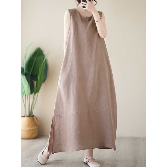 Solid Color A-Line Loose Round-Neck Midi Dresses