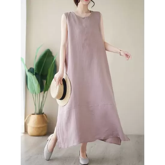 Solid Color A-Line Loose Round-Neck Midi Dresses