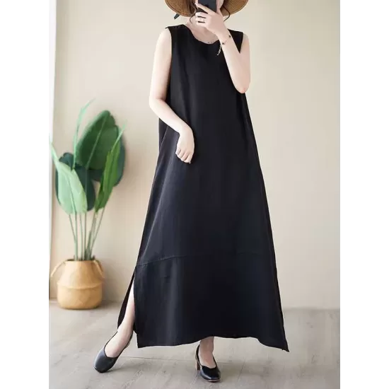 Solid Color A-Line Loose Round-Neck Midi Dresses