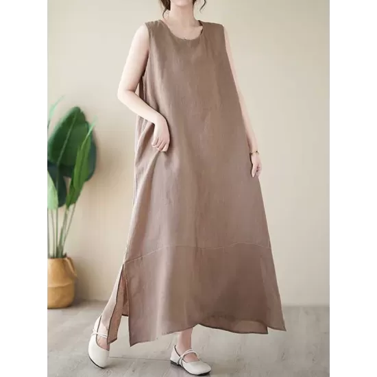 Solid Color A-Line Loose Round-Neck Midi Dresses