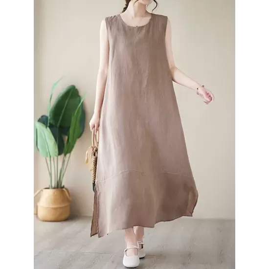 Solid Color A-Line Loose Round-Neck Midi Dresses