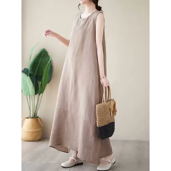 Solid Color A-Line Loose Round-Neck Midi Dresses