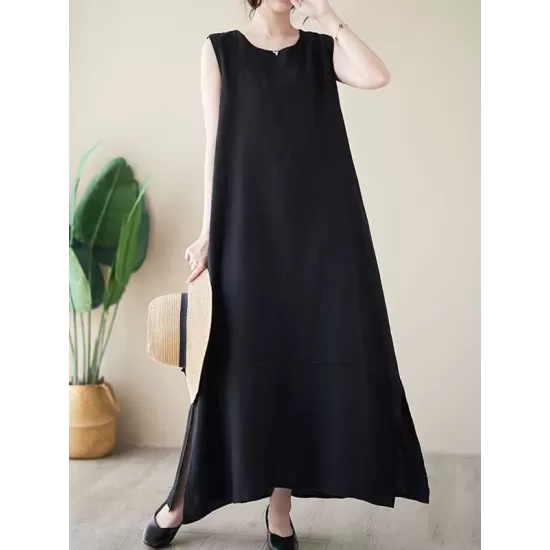 Solid Color A-Line Loose Round-Neck Midi Dresses