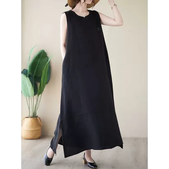 Solid Color A-Line Loose Round-Neck Midi Dresses