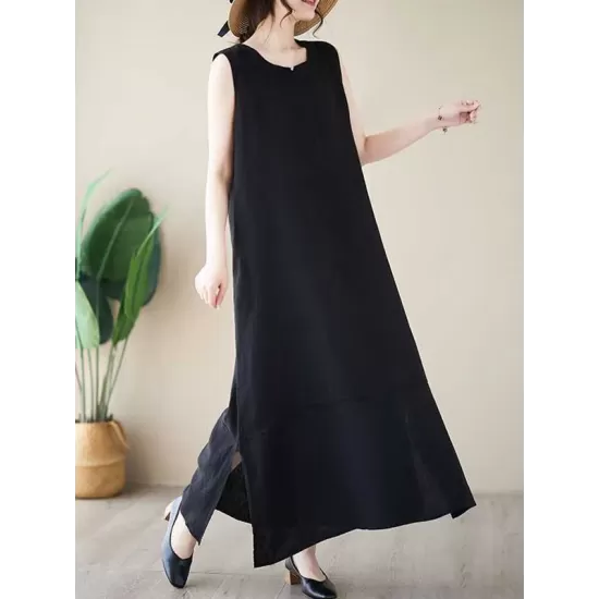 Solid Color A-Line Loose Round-Neck Midi Dresses