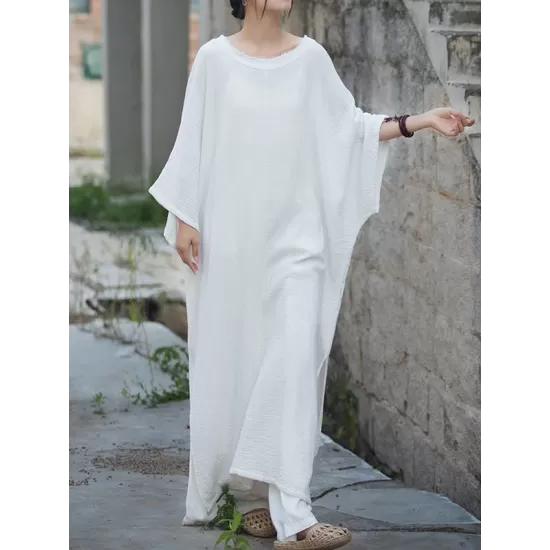 Solid Color Split-Side Batwing Sleeves Long Sleeves Round-Neck Midi Dresses