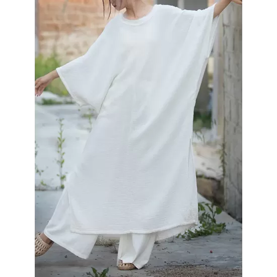 Solid Color Split-Side Batwing Sleeves Long Sleeves Round-Neck Midi Dresses