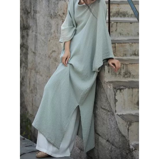 Solid Color Split-Side Batwing Sleeves Long Sleeves Round-Neck Midi Dresses