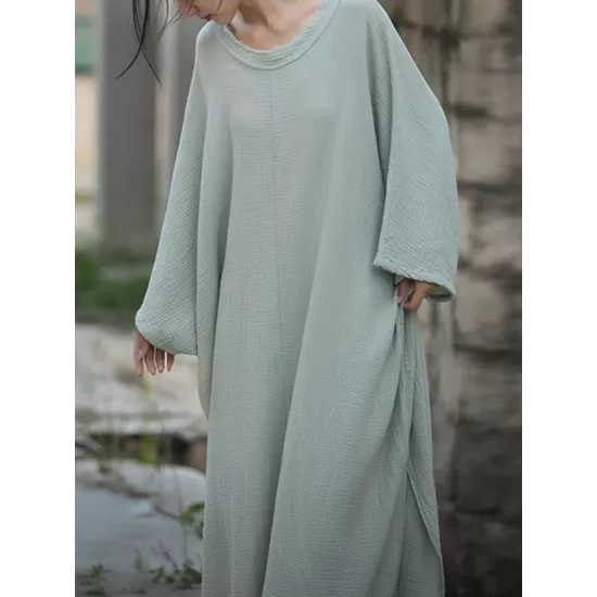 Solid Color Split-Side Batwing Sleeves Long Sleeves Round-Neck Midi Dresses