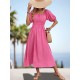 Elasticity Pleated Solid Color Split-Joint A-Line Bishop Sleeve Off-The-Shoulder Midi Dresses