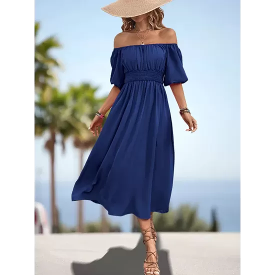 Elasticity Pleated Solid Color Split-Joint A-Line Bishop Sleeve Off-The-Shoulder Midi Dresses