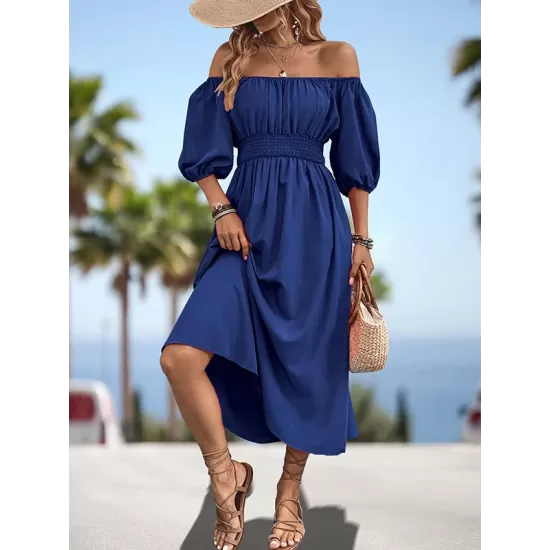 Elasticity Pleated Solid Color Split-Joint A-Line Bishop Sleeve Off-The-Shoulder Midi Dresses