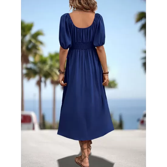 Elasticity Pleated Solid Color Split-Joint A-Line Bishop Sleeve Off-The-Shoulder Midi Dresses