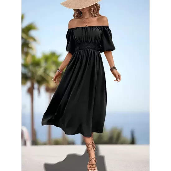 Elasticity Pleated Solid Color Split-Joint A-Line Bishop Sleeve Off-The-Shoulder Midi Dresses