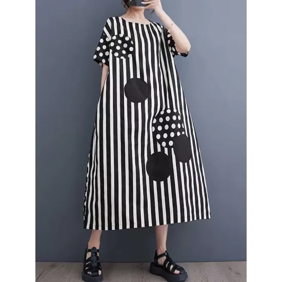 Loose Short Sleeves Polka-Dot Striped Round-Neck Midi Dresses