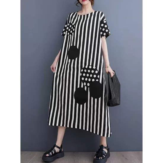 Loose Short Sleeves Polka-Dot Striped Round-Neck Midi Dresses