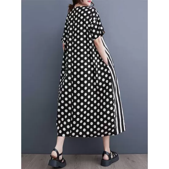 Loose Short Sleeves Polka-Dot Striped Round-Neck Midi Dresses